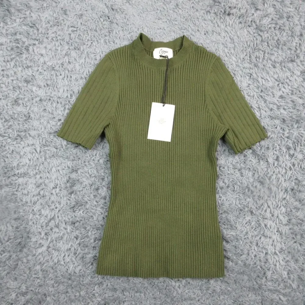 Cosmic Blue Love Sweater Womens Medium Green Mock Neck Ribbed Short Sleeve NWT